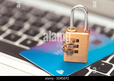 Banking security, credit card and padlock. Bank data, card payment safety concept Stock Photo