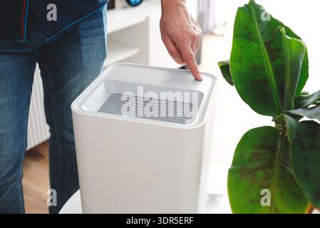 Modern air humidifier in living room. Comfortable living conditions. Man changing filter Stock Photo