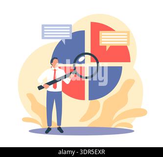 Statistical data analysis. Audit, research, businessman examines segmented graphs and charts with large magnifying glass, market segmentation, metric Stock Vector