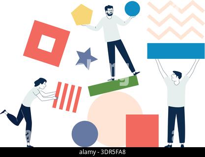 Teamwork concept. People collect geometric shapes together Stock Vector