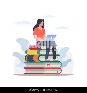 Self education. Woman with laptop sits on books stack and studies, person learning, online library or book shop. Young people using computer Stock Vector