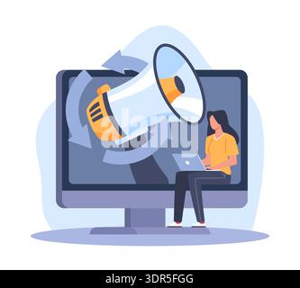 Search for target audience. Online promotion, girl with laptop sitting on monitor screen, large speaker, digital promotion and social media Stock Vector