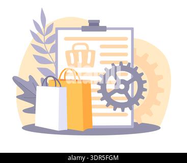 Shopping list. Contents of shopping cart, seasonal sales and discounts, product checklist catalog settings, purchasing optimization, e-commerce Stock Vector