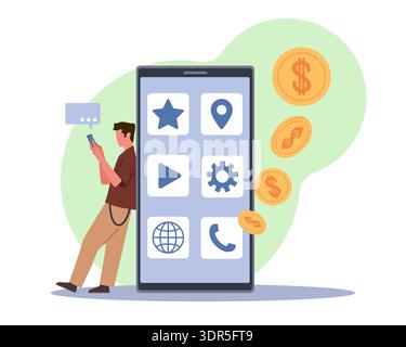 Monetization of applications. Mobile application development, programming process, user digital payments and e-commerce, huge smartphone screen with Stock Vector