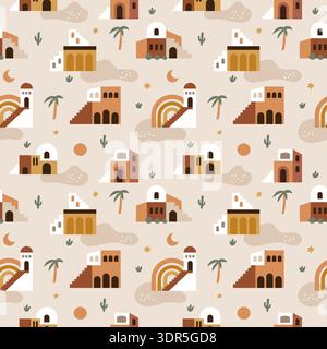 Geometric boho architecture seamless pattern. Moroccan buildings with palm trees, contemporary aesthetic landscape, decor textile, wrapping paper Stock Vector