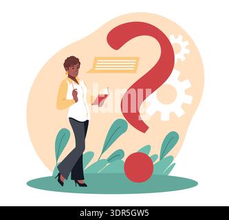 Frequently asked questions. Problem solving, crisis manager solves and answers question, decision support, woman with notebook, dialogue bubbles, faq Stock Vector