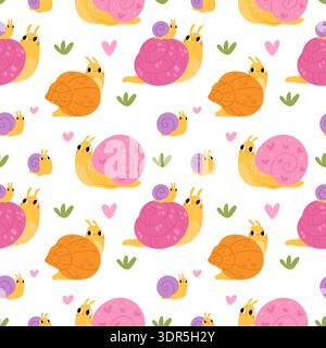 Cartoon snails seamless pattern. Repeated funny clams with shells characters, cartoon color mascots, cute slug textile, wrapping paper, wallpaper Stock Vector