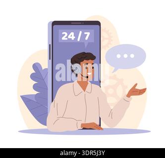 Round clock support. Call center, help desk, operator in headset communicates via smartphone, technical help round-the-clock, online digital Stock Vector