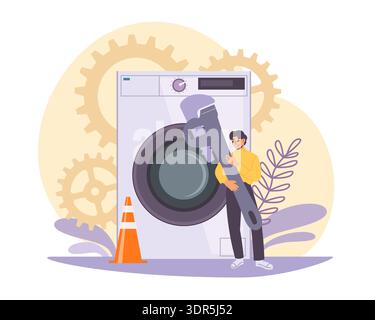 Repair of household appliances. Repairman with large wrench on background of washing machine, reliable home service, technician character laundry Stock Vector