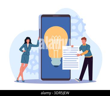 Presentation of creative business solution profitable startup. Office workers talk about new idea for app, communication teamwork planning steps, idea Stock Vector