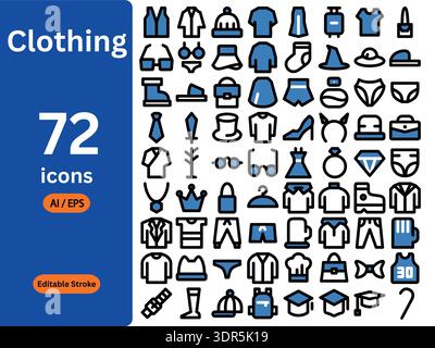 Clothing and Fashion Icon Set: 72 Editable Stroke Line Icons for Apparel, Accessories, Shopping, and Retail UI Design Stock Vector