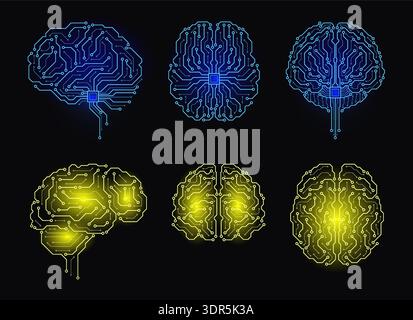 Neon circuit brains. Human head content, microchips, glowing chains of connections, artificial intelligence symbol, data processing architecture Stock Vector