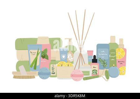 Compositions with beauty cosmetic products for skin care with aroma diffusor and candles. Home spa concept, self-care ritual, home treatment and welln Stock Vector