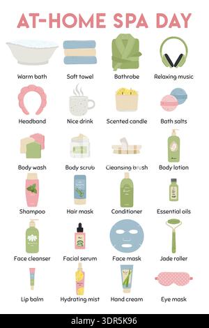 At-home spa day infographic. Illustrations of beauty cosmetic products for skin care. Home spa concept, self-care ritual, home treatment and wellness Stock Vector