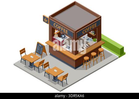 Isometric coffee kiosk with wooden facade, counter, menu board and outdoor table. Street cafe stand with espresso machine and bar stool in urban Stock Vector