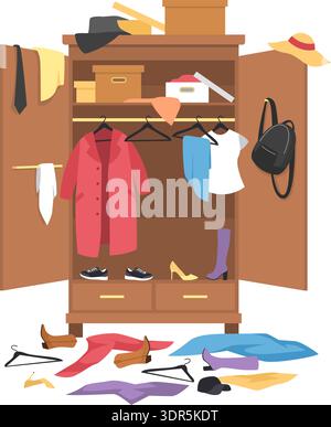 Messy open wardrobe. Wooden closet with clothing, empty hangers, shoes boxes, hats, and backpack. Garments before organization. Cleaning home interior Stock Vector
