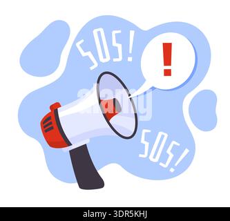 Important announcement. Warning of danger, call for help, large loudspeaker or megaphone with speech bubble, sos banner or poster, crisis attention Stock Vector