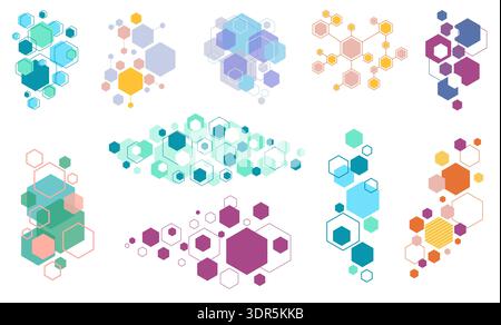 Hexagonal structure icons. Connected geometric structure shapes, molecular diagrams, chemical laboratory badges, hexagons with connectors compositions Stock Vector