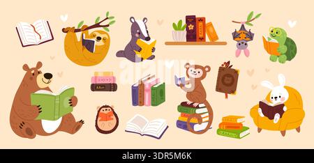 Cute animals with books. Funny fauna characters, readers and students, kids mascots, childish education, badger, cute monkey, friendly learning scenes Stock Vector