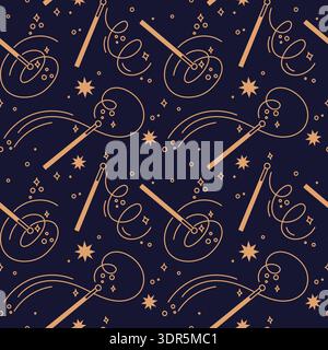 Cartoon magic wands seamless pattern. Wizard or witch accessory for witchcraft with effects, curved lines, stars. Decor textile, wrapping paper. Print Stock Vector