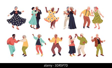 Old couples dancing. Active elderly people, funny dancers characters in active energy poses, senior music lovers, grandparents party, choreography Stock Vector