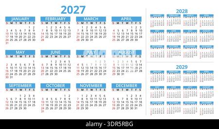 Few years calendar grids. Large font, months organizer, days of week, numbers and dates, simple design templates for 2027, 2028, and 2029, scheduling Stock Vector