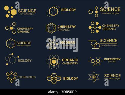 Hexagonal structure badges. Molecular diagrams, scientific names, medical logotype, bio, chemical laboratory icons, organic compounds, golden elements Stock Vector