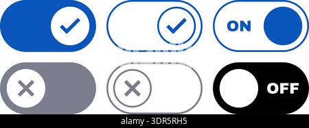 Vector set of blue and gray toggle switches in filled and outlined styles with check and cross icons, including ON and OFF text versions. Stock Vector