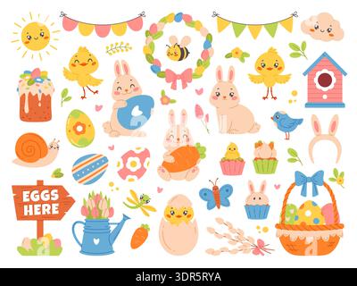 Cute easter elements. Funny animal and birds characters, spring holiday decorations, rabbits and chickens on meadow, color eggs, hunter childish game Stock Vector