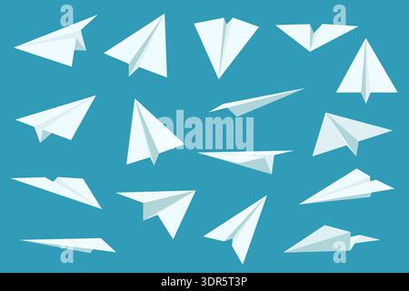 Cartoon paper plane. Different angles, classic origami object, handmade flying white airplane, simple craft item, aviation transportation, message Stock Vector