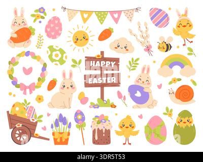 Cartoon happy easter. Cute holiday elements, spring funny items, animals, flowers, chickens and rabbits, painted eggs, spring season decoration Stock Vector