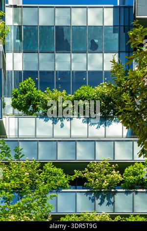 Modern eco-friendly glass office building with vertical garden and trees on balconies in urban environment in Bangkok city, Thailand. Green Stock Photo