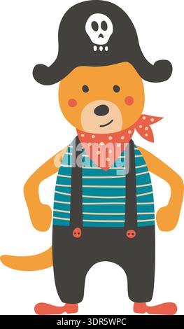 Cute bear in pirate costume with parrot on ship, pirate elements ...