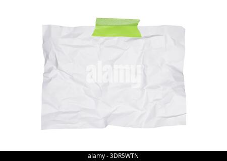 Crumpled Sheet of Paper with Adhesive Green Tape Isolated on White  Background Stock Photo