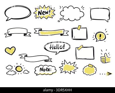 Hand Drawn Speech Bubbles and Stickers Set with Doodle Elements Stock Vector