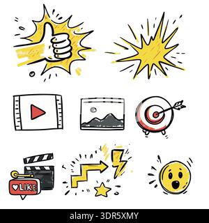 Hand Drawn Social Media Icons and Reactions Set in Doodle Style Stock Vector