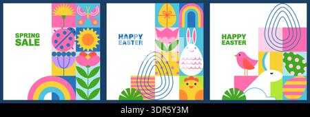 Set of Easter and spring vector square backgrounds. Flat geometric illustration with colorful eggs, bunny, rabbit and flowers on color blocks. Festive Stock Vector