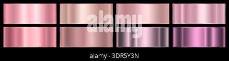 A set of pink glossy metallic gradients. Metal gradient effects, foils for the design of text and bulletin boards, infographics, frames and ribbons. Stock Vector