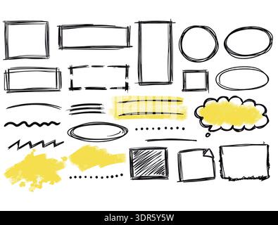 Hand Drawn Highlight Elements Set with Frames, Lines and Doodles Stock Vector