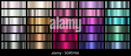 A set of pink glossy metallic gradients. Metal gradient effects, foils for the design of text and bulletin boards, infographics, frames and ribbons. Stock Vector