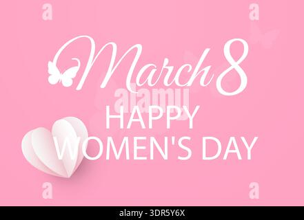 March 8th, Happy Women's Day. Banner design with text and hearts on a pink background. Stock Vector