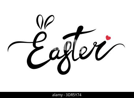 Easter inscription with rabbit ears and a heart on a white background. A postcard, an invitation, a greeting. Stock Vector