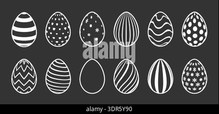 A set of Easter eggs with decorative patterns on a dark gray background. A set of silhouettes of eggs with a pattern. Stock Vector