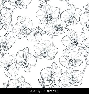 Vector seamless pattern with outline hand drawn orchid blossom flowers. Sketch botanical floral illustration. Spring season background. Fabric, wrappi Stock Vector