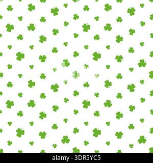 Green shamrock clover leaves on white seamless pattern for St Patricks Day. Abstract texture background for good luck, holiday celebration, traditional design. Irish lucky charm motifs. Stock Vector
