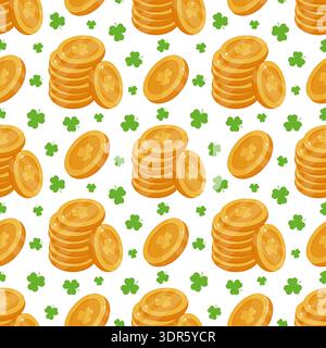 Seamless pattern with a green shamrock and gold coins. Design for St. Patricks Day celebrations. Background with vector lots of coins and a clover. Festive print for packaging and textiles. Stock Vector