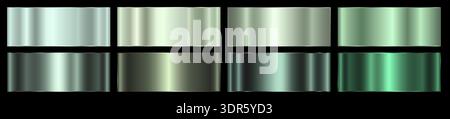 A set of green metallic gradients on a black background. The texture of metal, foil, shiny background. Stock Vector