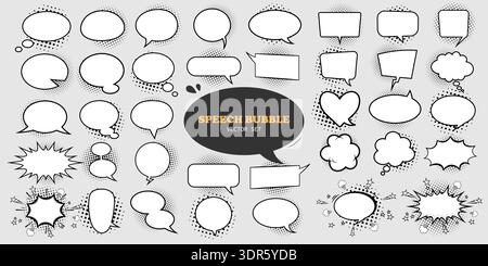 A set of speech bubbles of various shapes for comics with a shadow of semitones on a gray background. Stock Vector