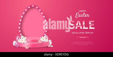 Easter holiday banner design with decorative eggs, podium and egg-shaped frame and flowers on a scarlet background. Stock Vector