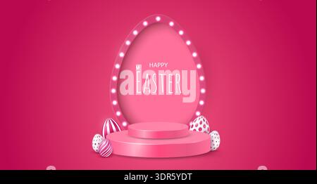 Easter postcard with a stage, podium, egg-shaped arch and lighting, decorative eggs and an inscription on a scarlet background. Stock Vector